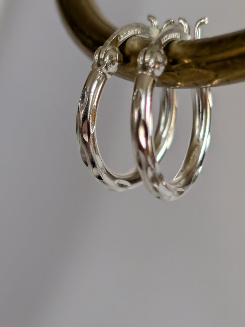 Thin Small Sterling Silver Etched Textured Hoop Earrings 925 5/8th” Diameter